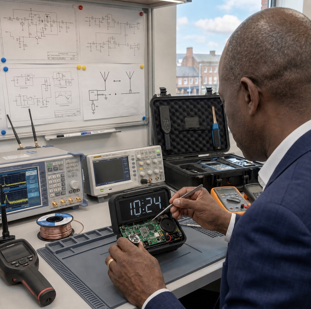 Technician examining an opened digital clock for a concealed microphone during a TSCM investigation