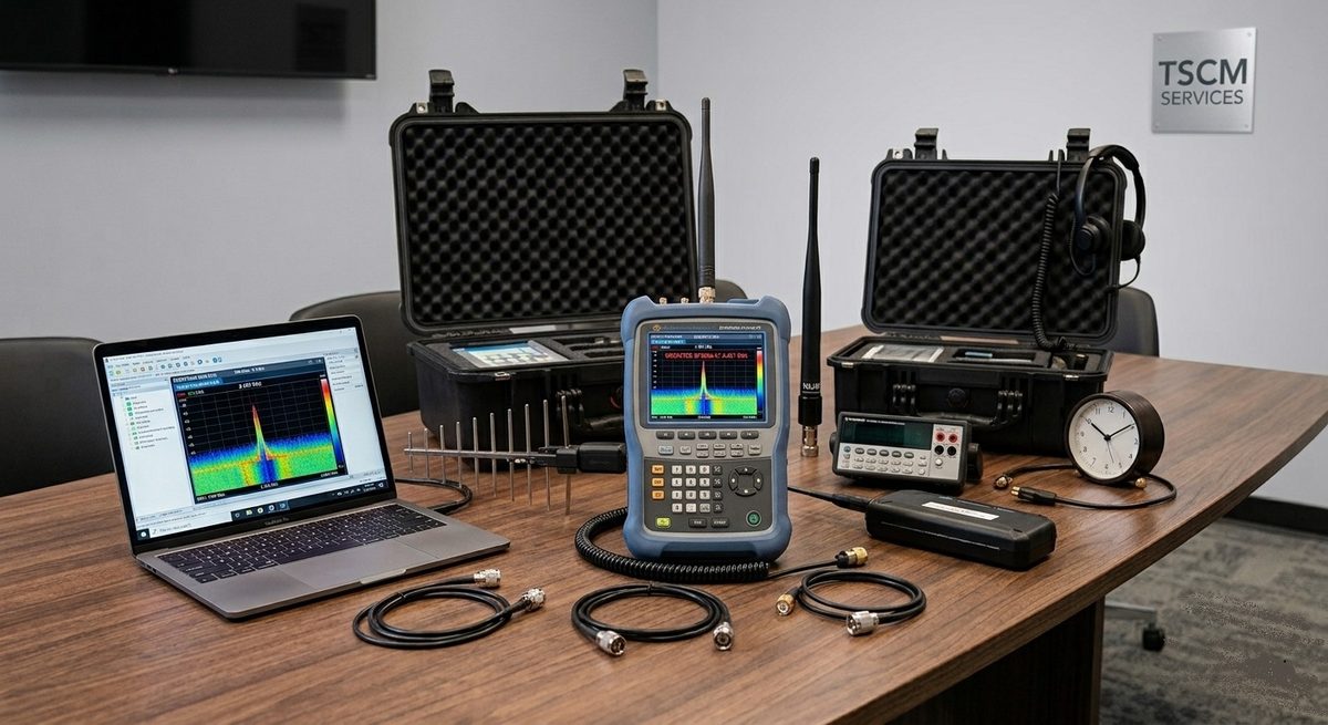 Professional RF spectrum analysis and electronic test equipment used for technical security investigation