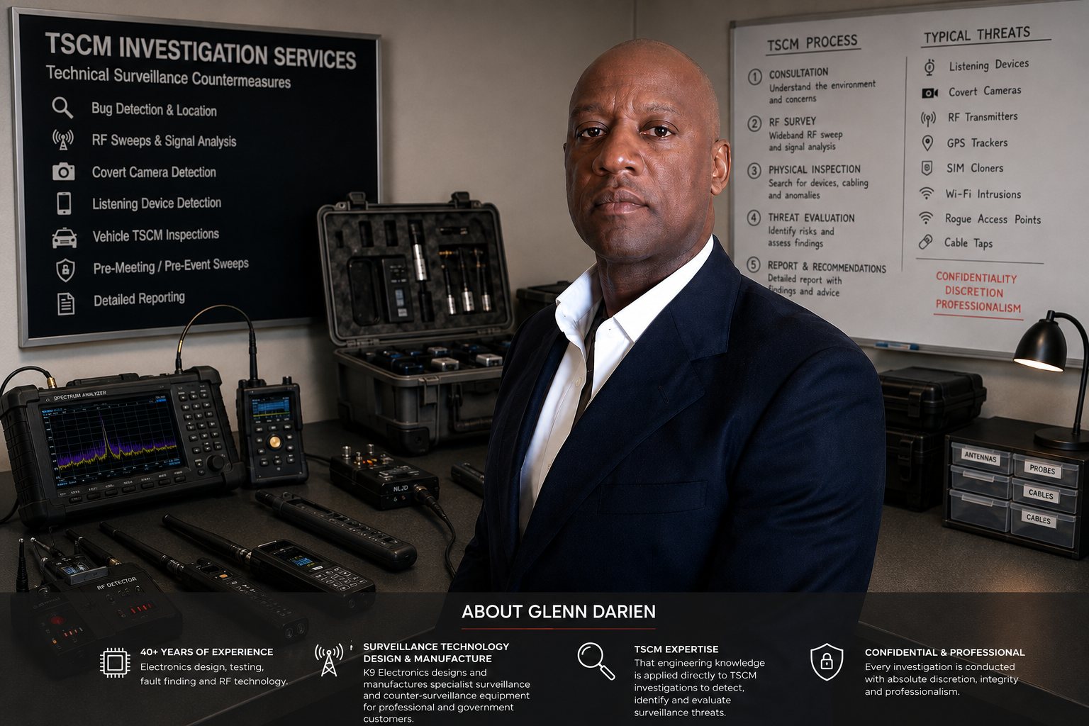 Company Director and Head of Engineering at K9 Electronics in a TSCM laboratory